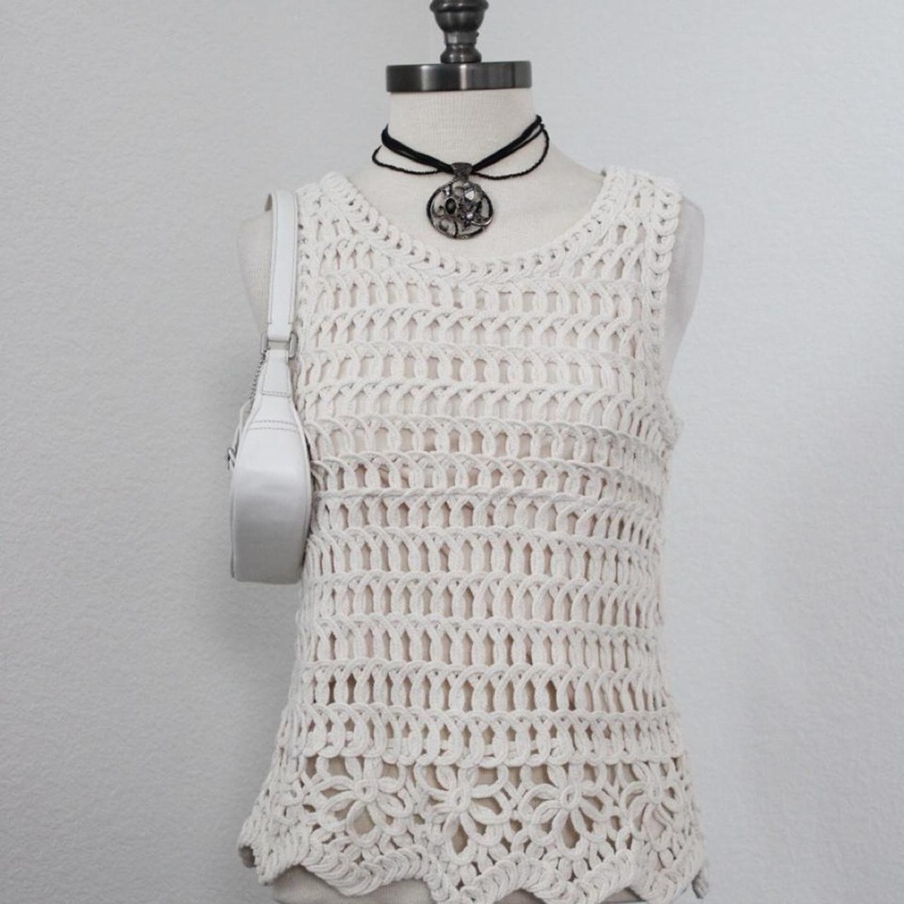 Cream Boho Crochet Tank with floral lattice hem